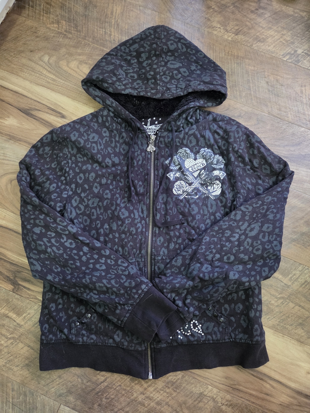 Rock & Roll Cowgirl Black Leopard Print Hooded Zip Sweatshirt